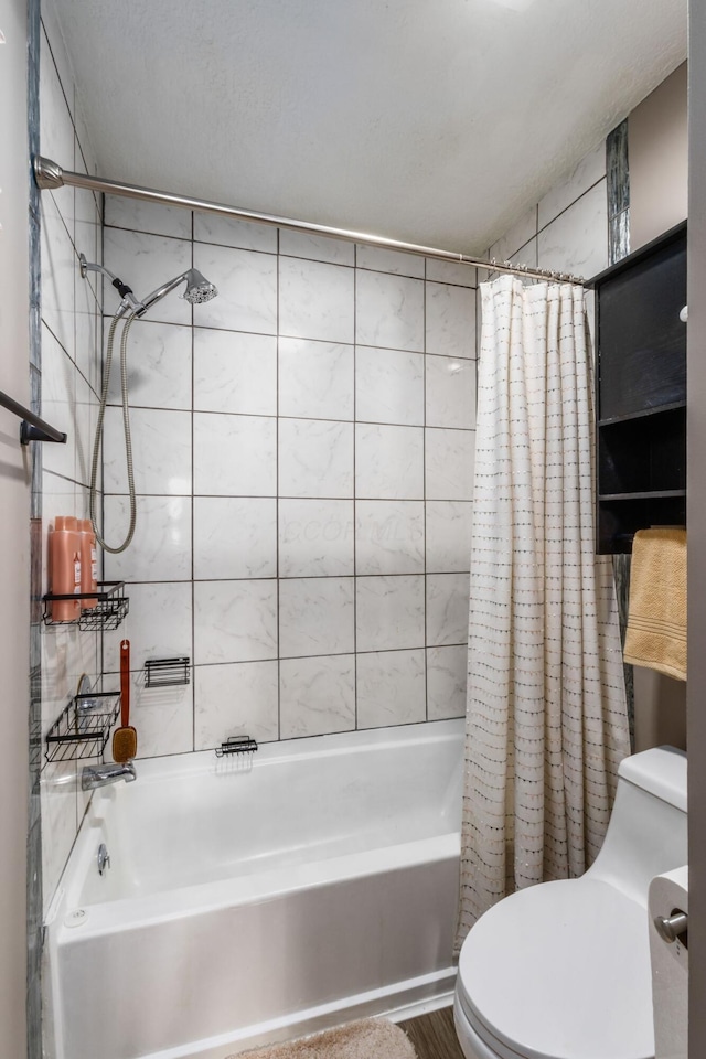 bathroom featuring toilet, tile walls, shower / bath combination with curtain, and hardwood / wood-style floors