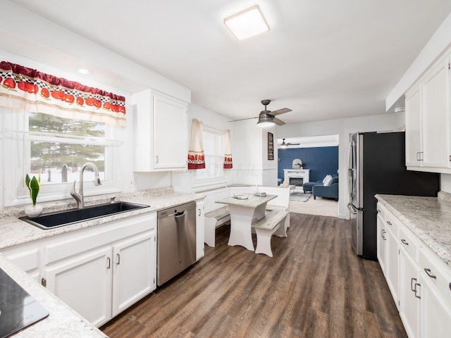 kitchen with appliances with stainless steel finishes, white cabinetry, sink, ceiling fan, and a healthy amount of sunlight