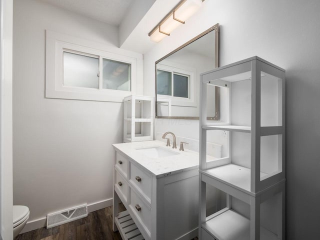 bathroom with vanity, hardwood / wood-style floors, and toilet