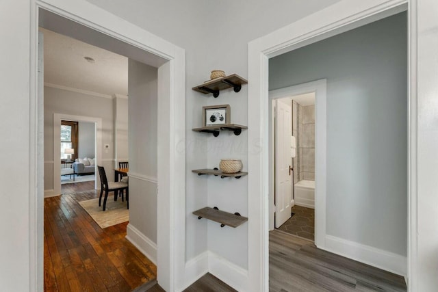 corridor featuring crown molding and dark hardwood / wood-style floors