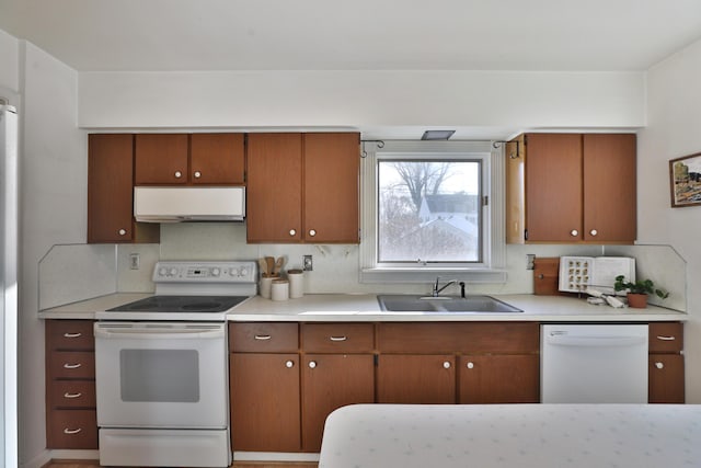 kitchen featuring decorative backsplash, sink, and white appliances