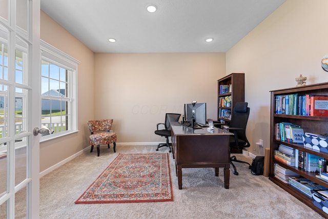 carpeted office with french doors