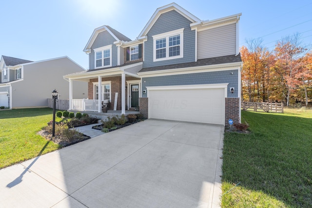 view of front of house with a front yard, a porch, and a garage