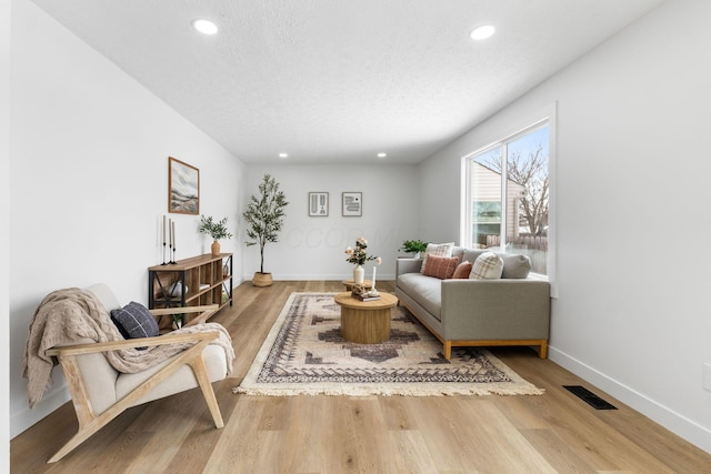 living room with a textured ceiling and wood-type flooring