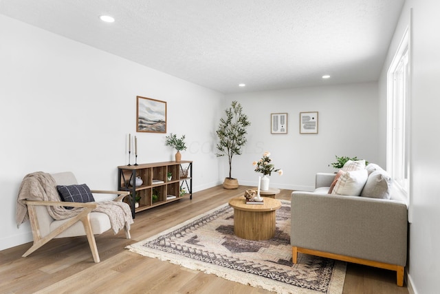 sitting room featuring a textured ceiling, plenty of natural light, and light hardwood / wood-style flooring