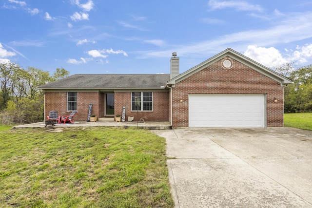 single story home featuring a garage and a front lawn