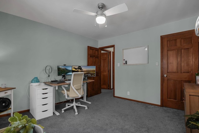 office featuring ceiling fan and dark colored carpet