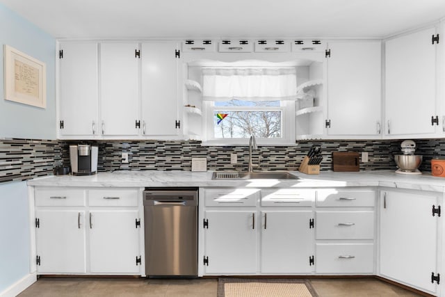 kitchen with sink, white cabinetry, and stainless steel dishwasher