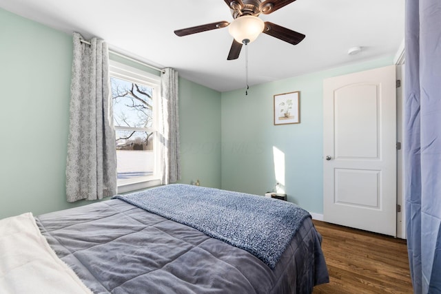 bedroom featuring ceiling fan and dark wood-type flooring