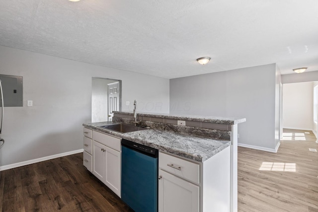 kitchen featuring white cabinetry, dark wood-type flooring, dishwasher, electric panel, and sink