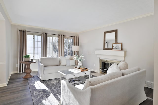 living room featuring crown molding and dark hardwood / wood-style floors