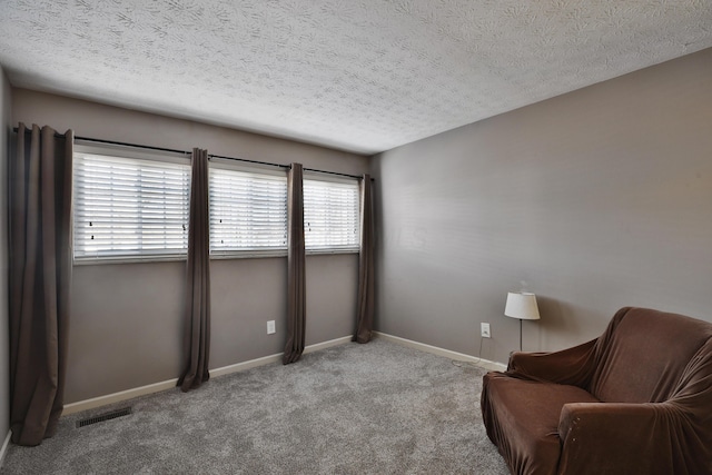 sitting room featuring light carpet and a textured ceiling