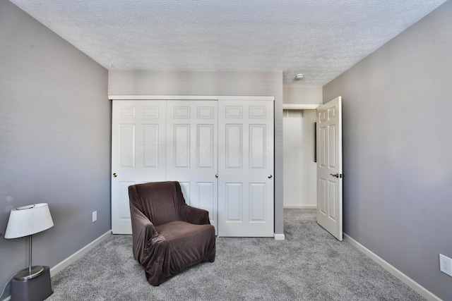 sitting room featuring light colored carpet and a textured ceiling