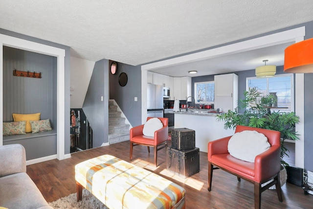 living room with sink, a textured ceiling, and dark hardwood / wood-style flooring