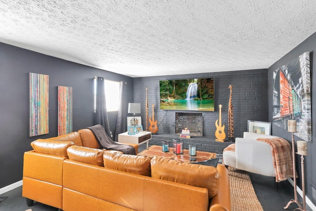 living room with a textured ceiling