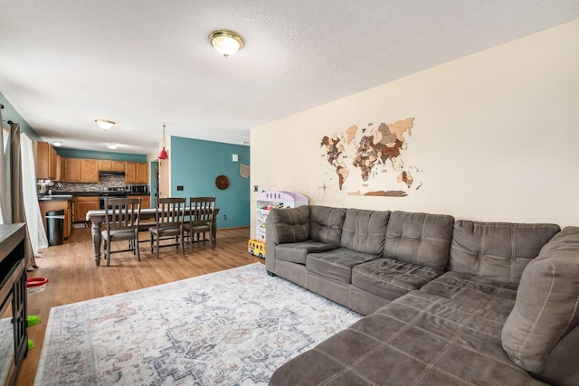 living room featuring sink, hardwood / wood-style floors, and a textured ceiling