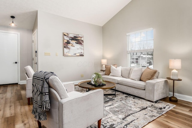 living room with wood-type flooring and vaulted ceiling