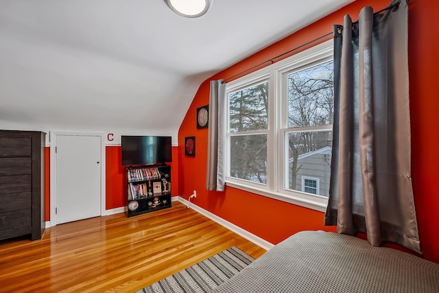 bedroom with lofted ceiling and wood-type flooring