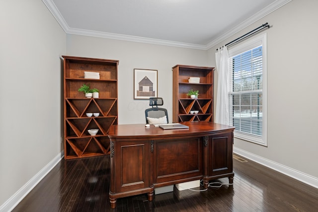 office featuring ornamental molding and dark hardwood / wood-style floors