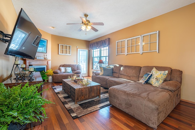 living room with dark wood-type flooring, ceiling fan, and a textured ceiling