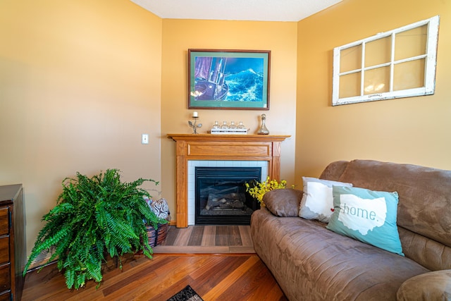 living room with a fireplace and hardwood / wood-style floors