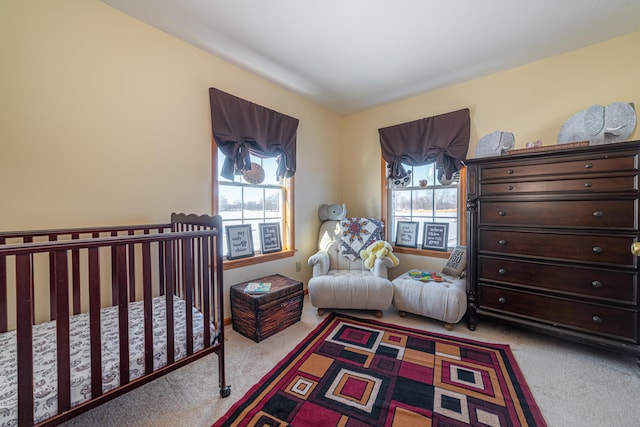 bedroom with light colored carpet