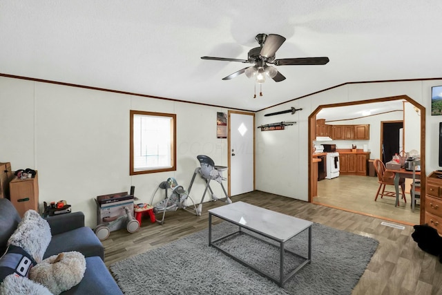 living room with vaulted ceiling, ceiling fan, and hardwood / wood-style floors