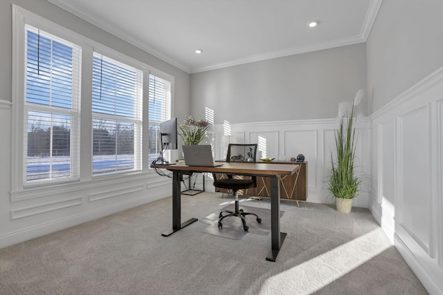 carpeted home office with ornamental molding