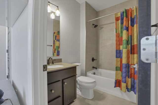 full bathroom featuring shower / bath combo, vanity, tile patterned floors, and toilet