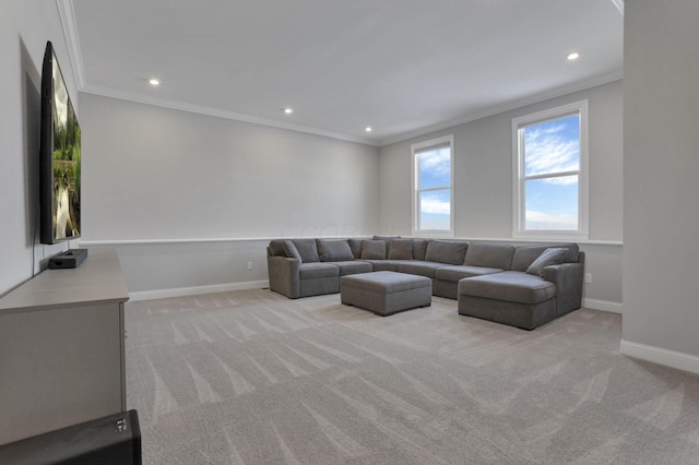 carpeted living room featuring ornamental molding