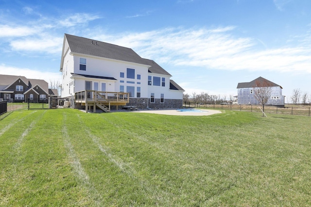6764 Woodedge Ln, Hilliard, OH 43026 - rear view of house with a yard, a deck, a fenced backyard, and a patio area