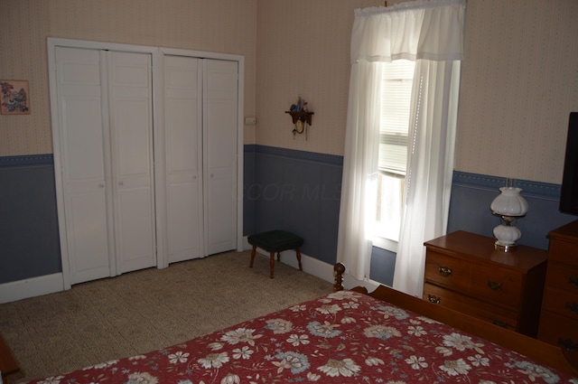 carpeted bedroom with two closets