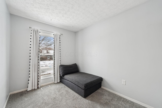 sitting room featuring carpet floors and a textured ceiling