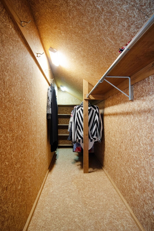 walk in closet with vaulted ceiling and carpet flooring