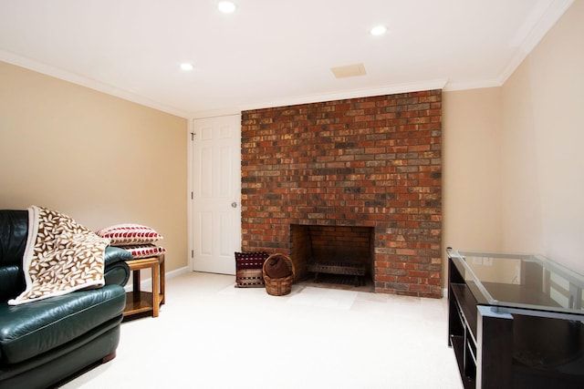 living area featuring a brick fireplace, recessed lighting, ornamental molding, and light colored carpet