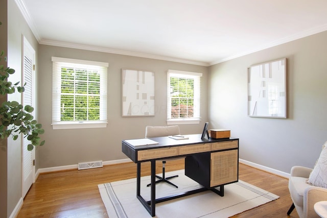 4580 Helston Ct, Columbus, OH 43220 - office area with light wood-style flooring, ornamental molding, and baseboards