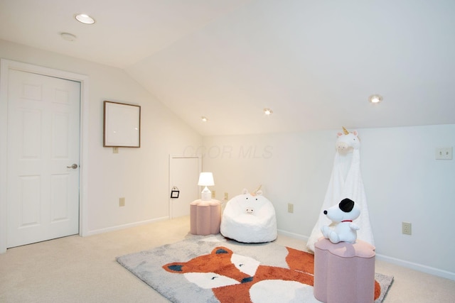 4580 Helston Ct, Columbus, OH 43220 - playroom with vaulted ceiling, light colored carpet, baseboards, and recessed lighting