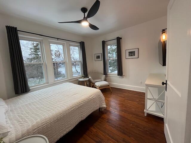 bedroom featuring ceiling fan and dark hardwood / wood-style floors