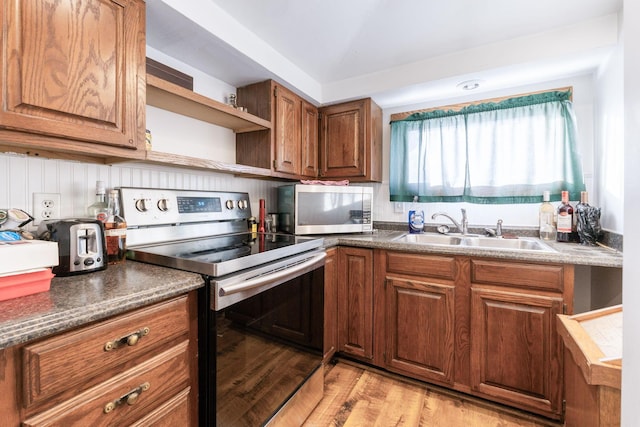 kitchen featuring backsplash, sink, stainless steel appliances, and light hardwood / wood-style floors