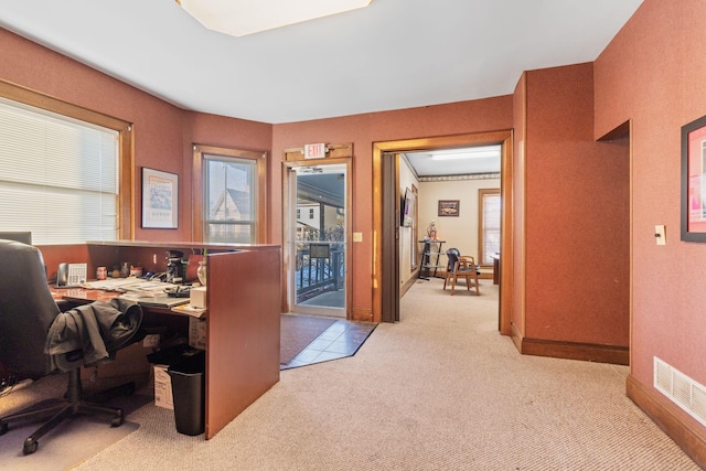 view of carpeted home office