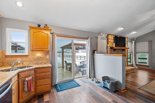 kitchen featuring dark hardwood / wood-style floors, backsplash, lofted ceiling, stainless steel dishwasher, and sink