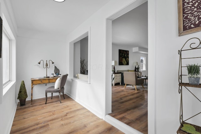 hallway with light wood-type flooring and plenty of natural light