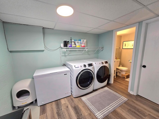 laundry room with washer and clothes dryer and dark hardwood / wood-style floors