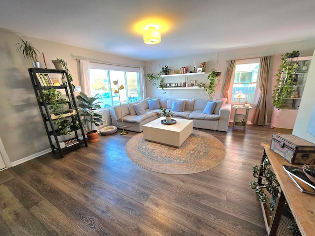 living room with a healthy amount of sunlight and dark wood-type flooring