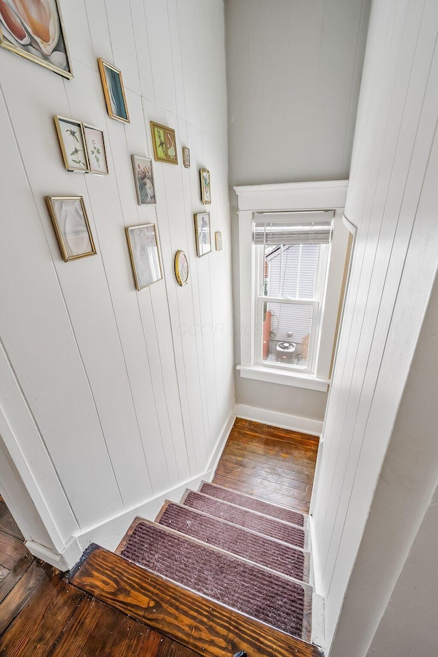 staircase featuring wood-type flooring and wooden walls