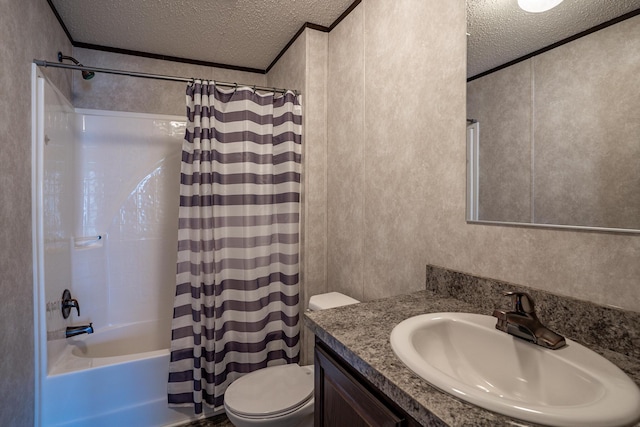 full bathroom featuring a textured ceiling, ornamental molding, vanity, and shower / tub combo with curtain