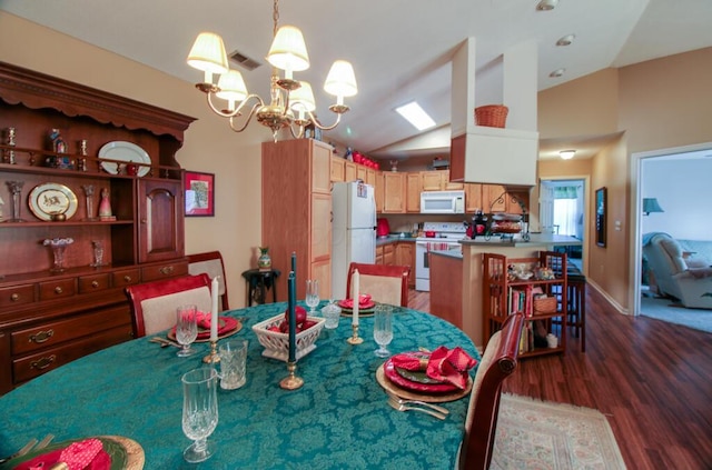 dining area with lofted ceiling, a notable chandelier, and dark hardwood / wood-style floors