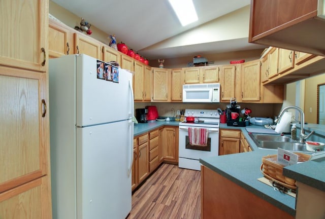 kitchen featuring vaulted ceiling, light hardwood / wood-style floors, sink, white appliances, and light brown cabinets