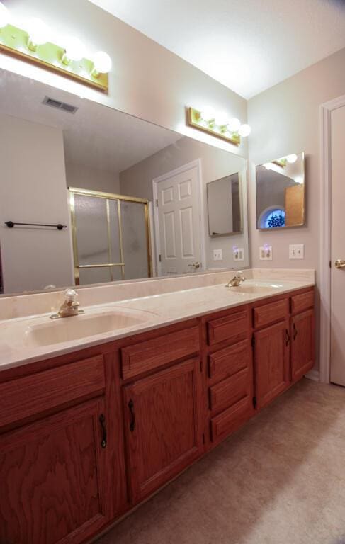 bathroom with walk in shower and vanity