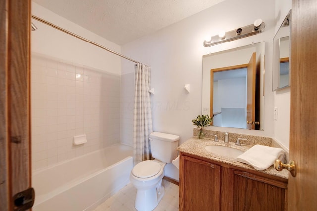 full bathroom with toilet, a textured ceiling, vanity, and shower / bath combo with shower curtain